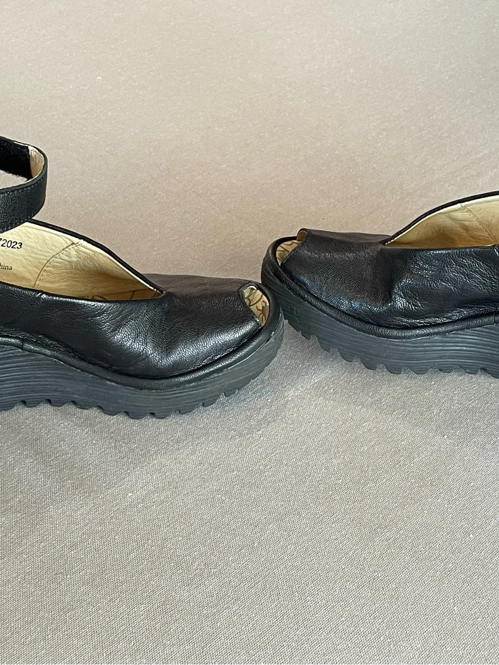 Fly London Black Leather Peep Toe Platform Wedge Sandals with Ankle Strap